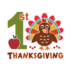 First Thanksgiving design for kids with turkey and apple. 1st autumn holiday print for baby clothes, t-shirt, mug, gifts. Isolated vector illustration in flat style