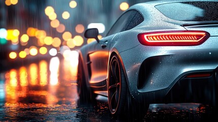 Sleek silver sports car with wet surface and illuminated taillights parked on rain-soaked street at night with blurred city lights in background