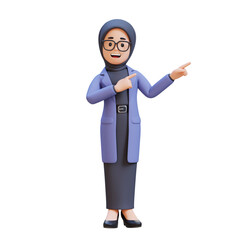 3D cartoon muslim female teacher character Pointing Hand to Side