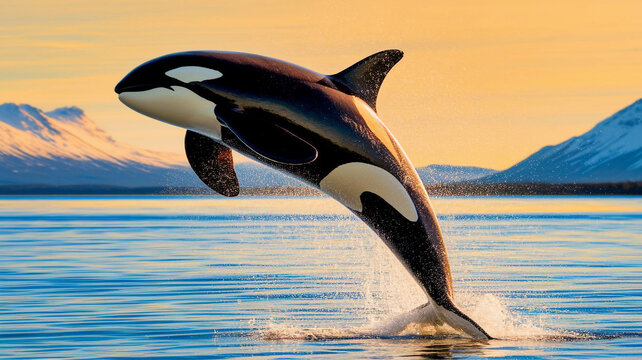 A majestic orca breaching high out of the sparkling blue ocean with mountains in the background, a perfect wildlife and nature scene