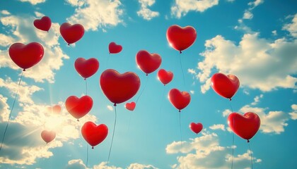Floating red heart-shaped balloons against a bright blue sky with scattered clouds and sunlight, evoking feelings of love and joy