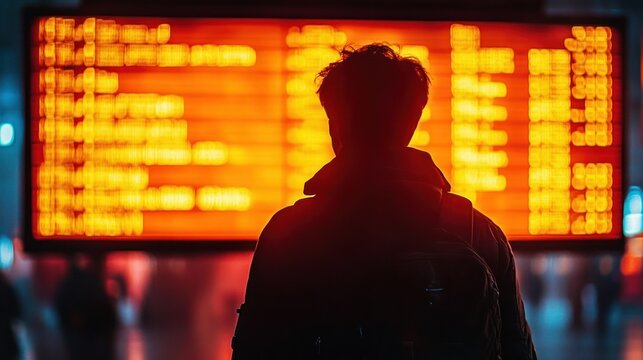 Silhouette of a person with a backpack looking at a large bright orange digital information board in a station or airport