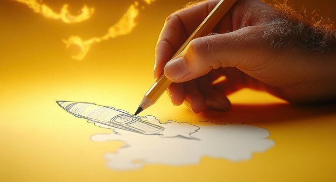 Close-up of a hand drawing a boat with a pencil on yellow paper, showing detailed sketching and creative process, warm lighting enhances artistic mood - Powered by Adobe