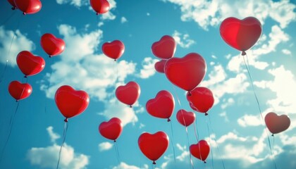Multiple red heart-shaped balloons floating upward against a bright blue sky with scattered white clouds, evoking feelings of joy and celebration