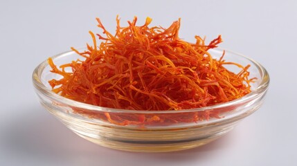 Fototapeta premium Dried Saffron Stigma Spices in a Clear Glass Bowl on White Background