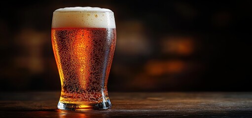 Cold amber beer with foam head in a clear glass on a wooden surface with dark blurred background