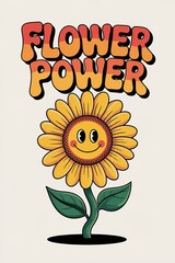 Groovy Flower Power Illustration Featuring a Smiling Sunflower w