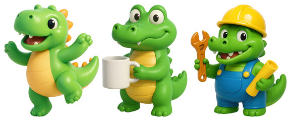 Fototapeta premium PNG Playful cartoon dinosaur trio, element set on transparent background