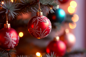 Christmas and New Year holiday concept. Red ball on pine branch. Winter festival background. Template for design.