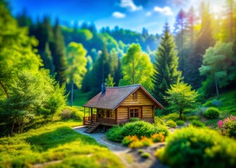 Idyllic Mountain Cabin: Tilt-Shift Scenic Landscape Photography