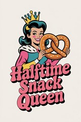 Halftime Snack Queen: Cartoon Queen Holding Pretzel with Retro T