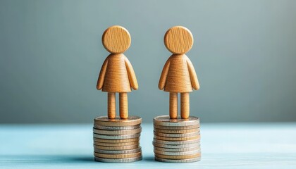 Two wooden human figures standing on equal stacks of coins symbolizing gender equality and equal pay