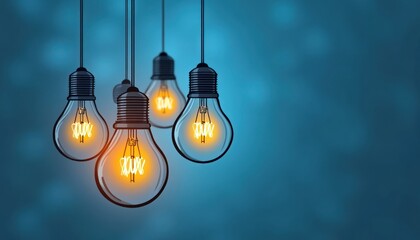 Four glowing light bulbs hanging against a blurred blue background creating a warm and cozy atmosphere