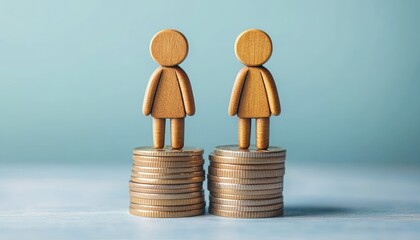 Two wooden figurines of a man and a woman standing on separate stacks of coins symbolizing financial comparison or gender wage gap