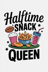 Halftime Snack Queen Graphic with Football, Cupcake, Fries, and