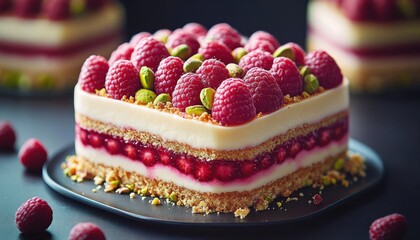 Square layered dessert with creamy filling, fresh raspberries, pistachios, and crumbly crust on a dark plate creating an inviting and elegant presentation