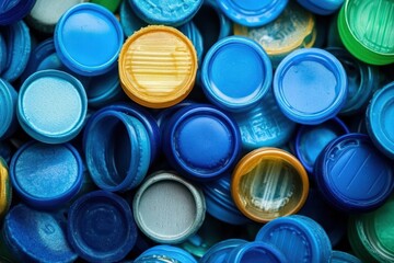 Pile of assorted blue, green, and yellow plastic bottle caps closely packed together