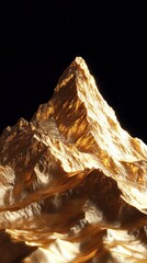 Majestic golden mountain peak shining brightly against a black sky, highlighting rugged textures and dramatic shadows on the slopes