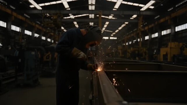 Skilled welder in protective gear works on metal structure with bright sparks flying in a large