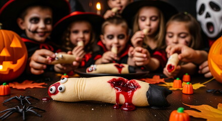 Kid hands grabbing creepy halloween witch finger cookies with red jam, almond, and two children standing next to dessert. Snack for the party.