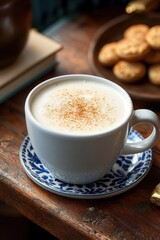 Creamy hot beverage sprinkled with cinnamon in a white cup on a blue and white patterned saucer on a rustic wooden table with blurred plate of cookies in the background