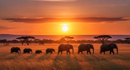 Fototapeta premium A majestic elephant herd journeys across the savanna at a breathtaking golden hour sunset.