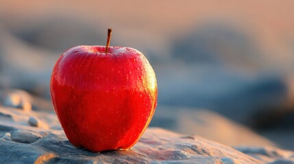 Vibrant Red Apple on a Stone Surface at Sunrise with Soft Background