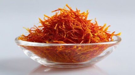 Fototapeta premium Vibrant Saffron Threads in Clear Glass Dish on Neutral Background