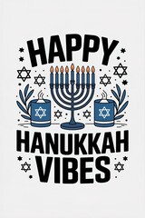 Happy Hanukkah Vibes Graphic with Menorah and Candles on White B