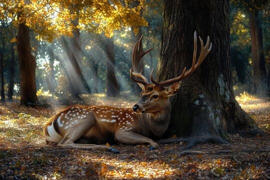 A spotted deer with large antlers resting peacefully against a tree in a sunlit forest with rays of light filtering through golden autumn leaves