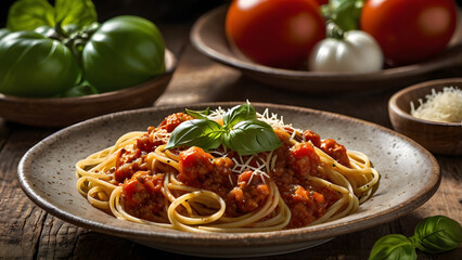 Traditional Italian Spaghetti Bolognese Overhead Food Photography