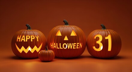 Warm glowing jack-o'-lanterns spell 'Happy Halloween 31,' creating festive autumn holiday cheer.