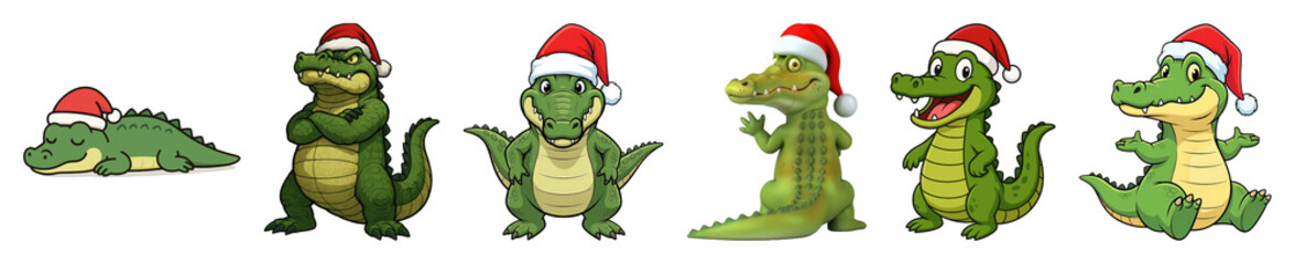 Fototapeta premium Christmas alligator and crocodile set including diverse poses and styles with Santa hats isolated. Festive holiday animal characters.