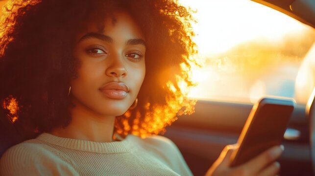 Young woman with curly hair sitting in a car bathed in warm golden sunlight holding a smartphone and looking at the camera with a calm expression - Powered by Adobe
