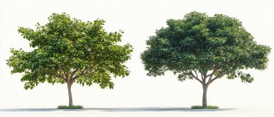 Two lush green leafy trees standing side by side casting soft shadows on a clean white background
