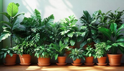 Obraz premium A collection of vibrant green indoor plants in terracotta pots arranged in a row against a light wall with sunlight casting soft shadows