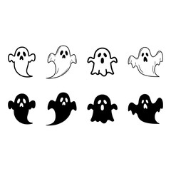 A collection of cute and spooky Halloween ghost vector illustrations on a white background. Perfect for holiday designs, decorations, parties, and festive projects.