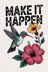 Hummingbird and Hibiscus Floral Design with Motivational Text