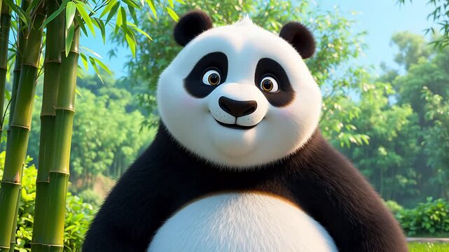 Close-up portrait of a cheerful and friendly animated giant panda bear smiling in a lush green bamboo forest