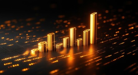 Glowing orange futuristic digital bar graph with illuminated vertical columns on dark high-tech circuit board background