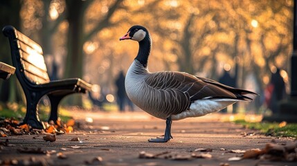 Fototapeta premium close-up of a brown and white goose standing on a pathway in a park with autumn leaves and a wooden bench in warm golden light