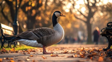 Canada goose standing on a park pathway covered with autumn leaves during golden hour with blurred benches and people in background