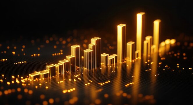 glowing golden 3d bar chart rising on a dark reflective surface surrounded by scattered glowing dots conveying data analysis and digital technology