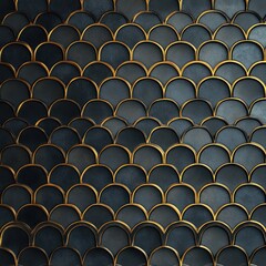 Fototapeta premium Close-up of dark overlapping semi-circular tiles with gold edges creating a textured, elegant pattern with light reflections