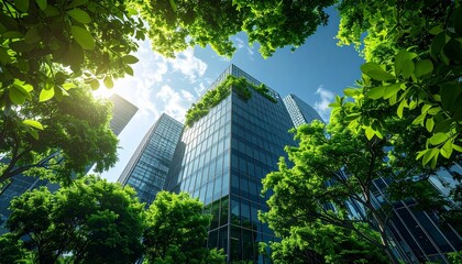 Fototapeta premium Modern glass building with lush green trees creating a harmony between nature and urban architecture, symbolizing sustainability and growth.