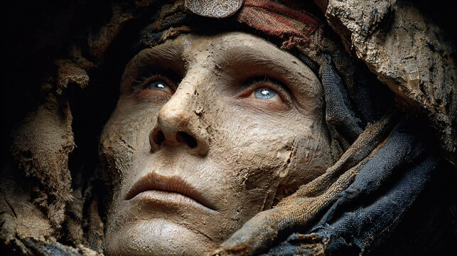 Close up of a mummy's face with glowing eyes, representing ancient curses and horror. Halloween costume and supernatural concept for spooky stories.