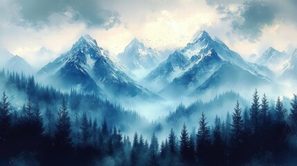 Mystical snow-covered mountain range with dense pine forests beneath a cloudy sky and soft mist creating an ethereal, serene atmosphere