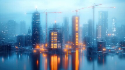 Fototapeta premium city skyline with illuminated skyscrapers and construction cranes reflected in water at dusk with misty atmosphere
