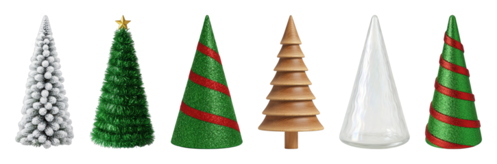 Decorative Christmas tree set including flocked, tinsel, glitter, wooden, and iridescent variants isolated. Holiday festive collection.