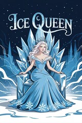 Ice Queen on Crystal Throne with Snowy Castle Backdrop in Cartoo